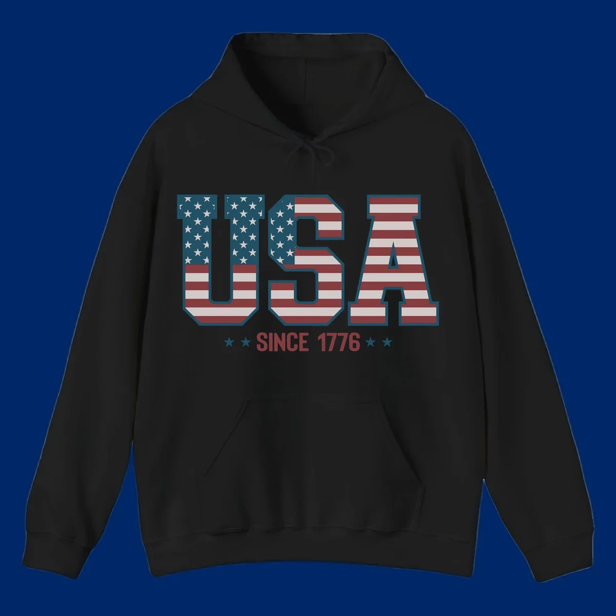 USA Since 1776 patriotic design with American flag pattern letters and stars below the text.