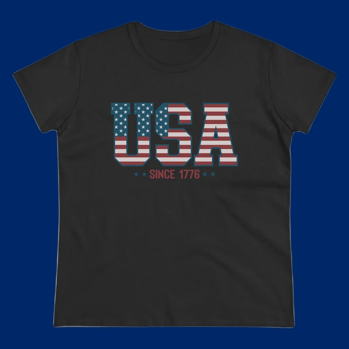 USA Since 1776 patriotic design with American flag pattern letters and stars below the text.