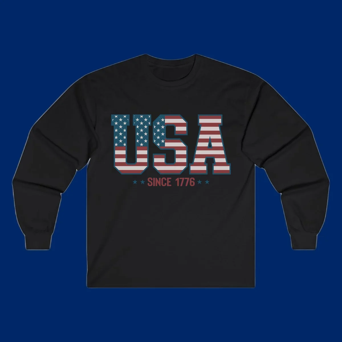 USA Since 1776 patriotic design with American flag pattern letters and stars below the text.