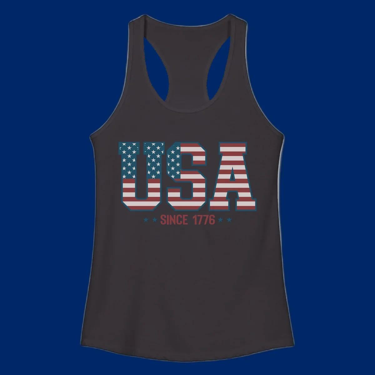 USA Since 1776 patriotic design with American flag pattern letters and stars below the text.