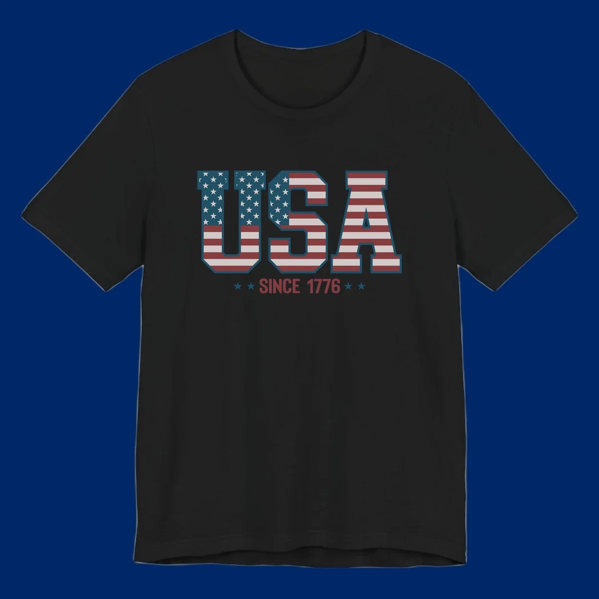 USA Since 1776 patriotic design with American flag pattern letters and stars below the text.
