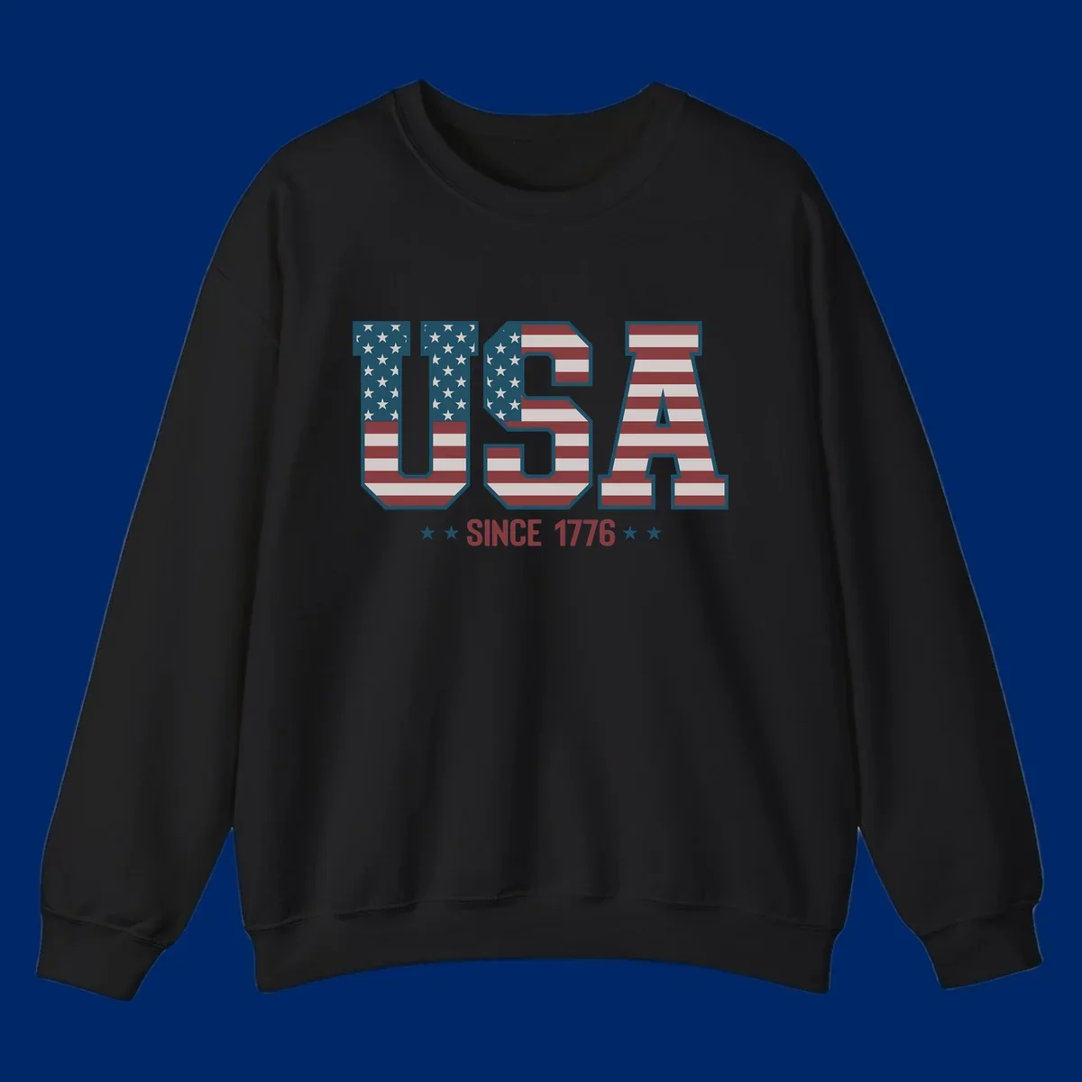 USA Since 1776 patriotic design with American flag pattern letters and stars below the text.