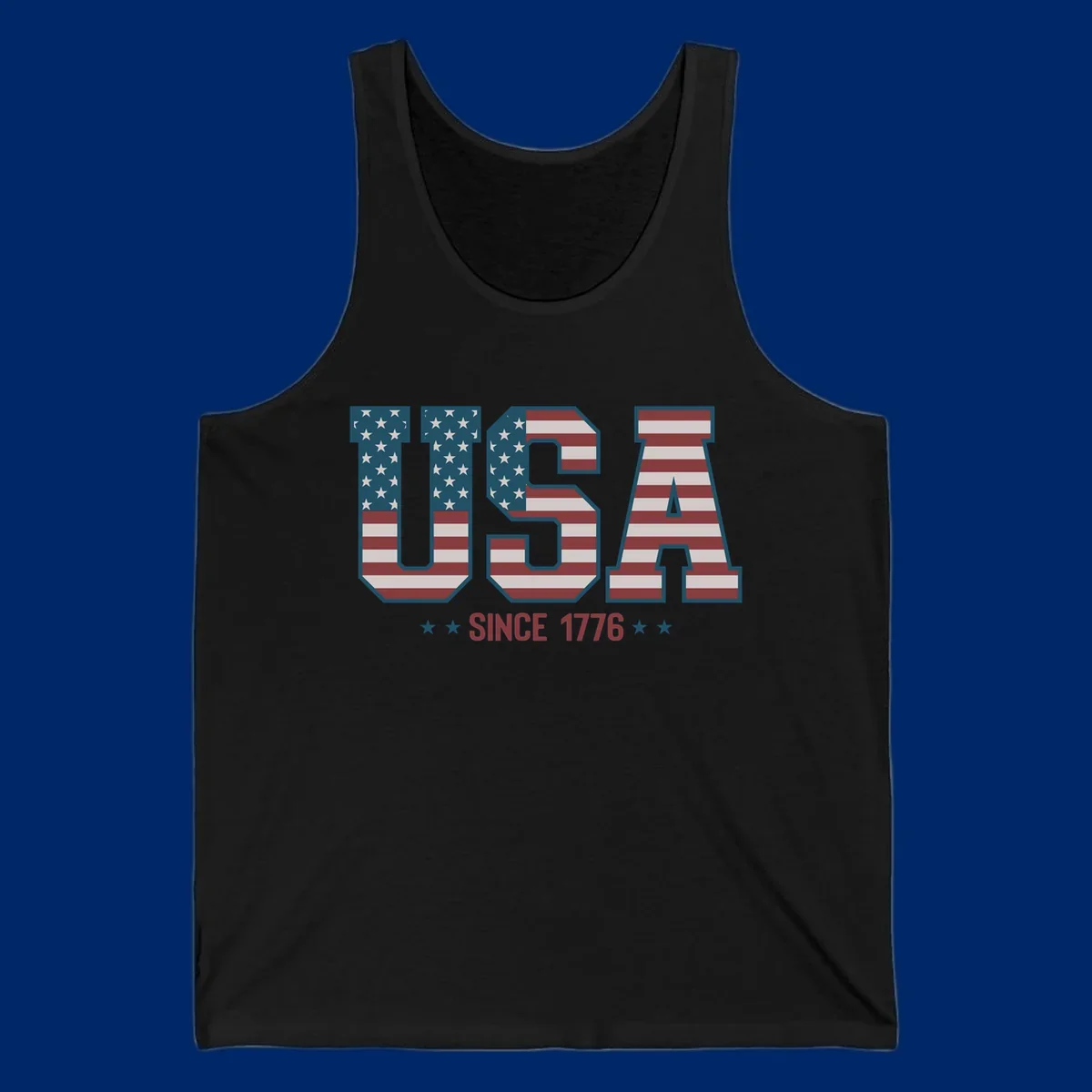USA Since 1776 patriotic design with American flag pattern letters and stars below the text.