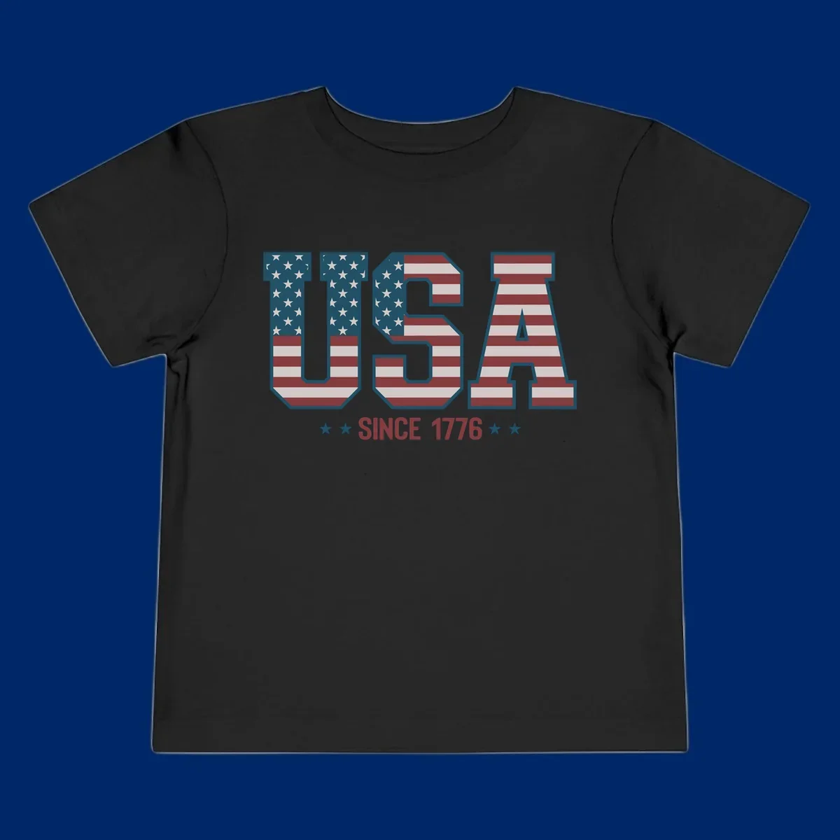 USA Since 1776 patriotic design with American flag pattern letters and stars below the text.