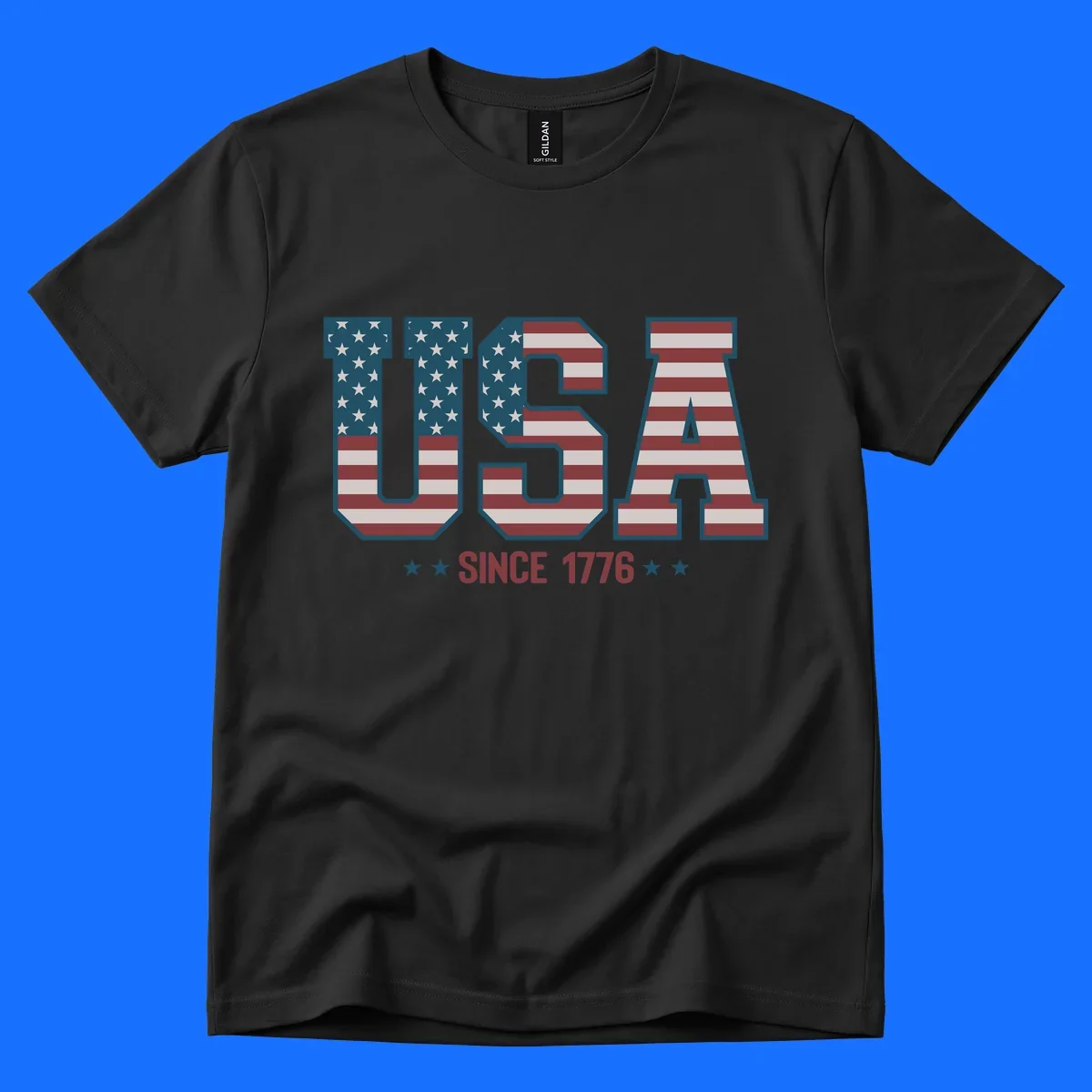 USA Since 1776 patriotic design with American flag pattern letters and stars below the text.