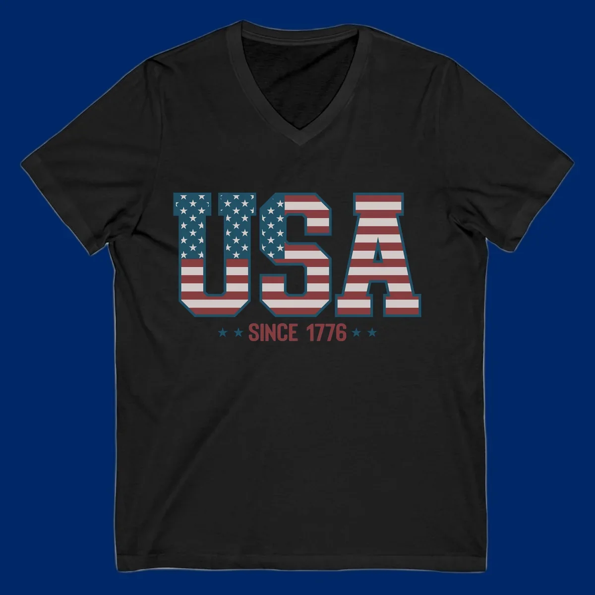 USA Since 1776 patriotic design with American flag pattern letters and stars below the text.