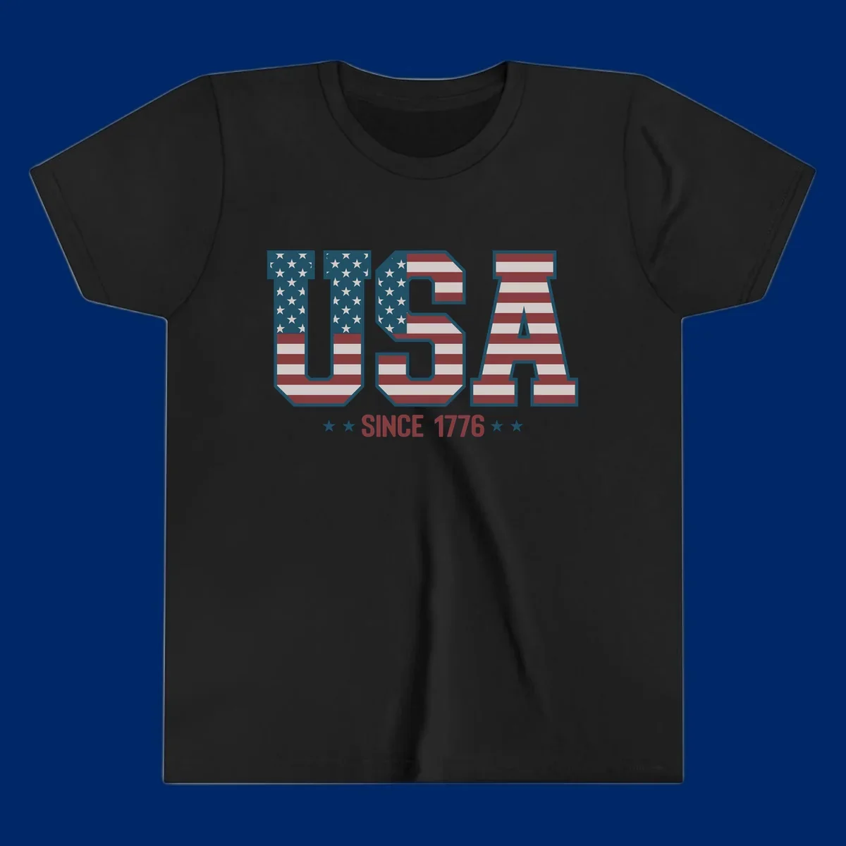 USA Since 1776 patriotic design with American flag pattern letters and stars below the text.