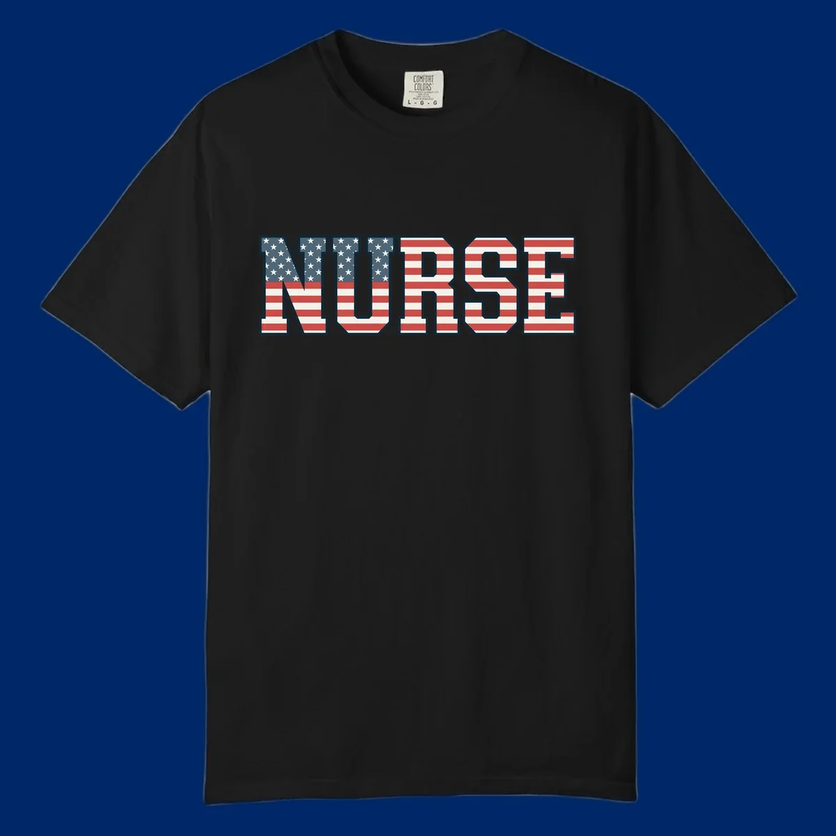 The word NURSE in bold capital letters, styled with American flag stars and stripes pattern, outlined in dark blue. Features patriotic nurse-american-flag-appreciation concept.