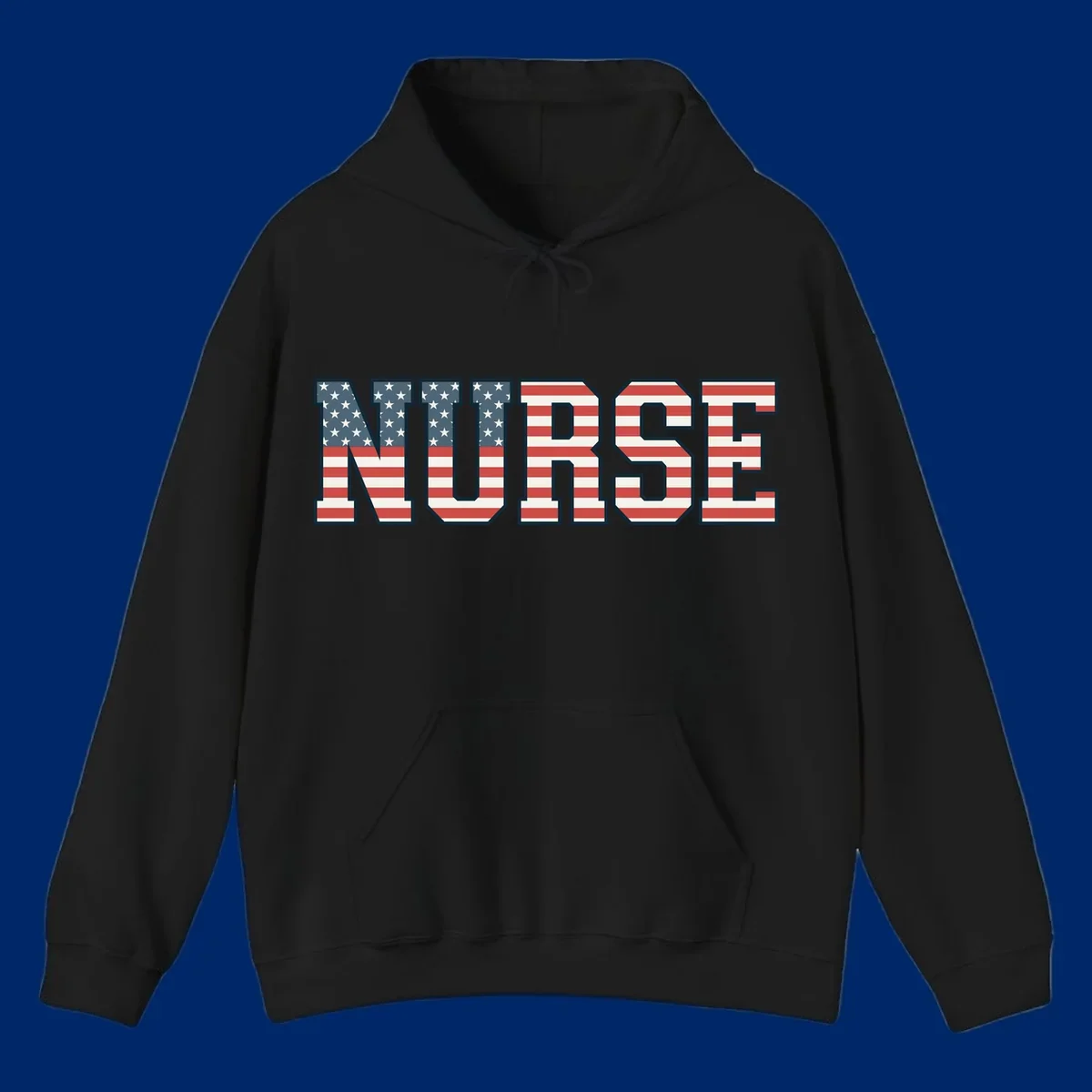 The word NURSE in bold capital letters, styled with American flag stars and stripes pattern, outlined in dark blue. Features patriotic nurse-american-flag-appreciation concept.