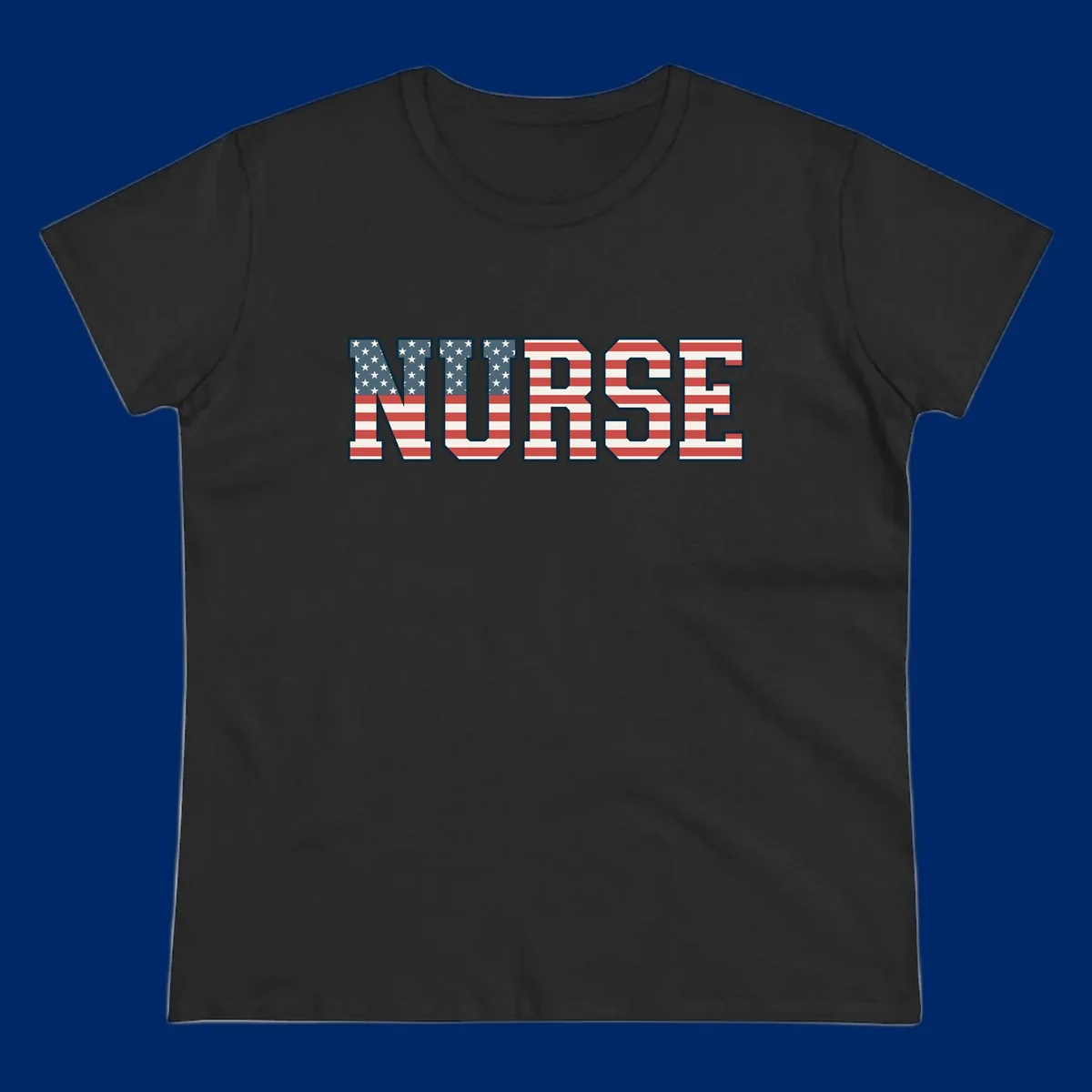 The word NURSE in bold capital letters, styled with American flag stars and stripes pattern, outlined in dark blue. Features patriotic nurse-american-flag-appreciation concept.