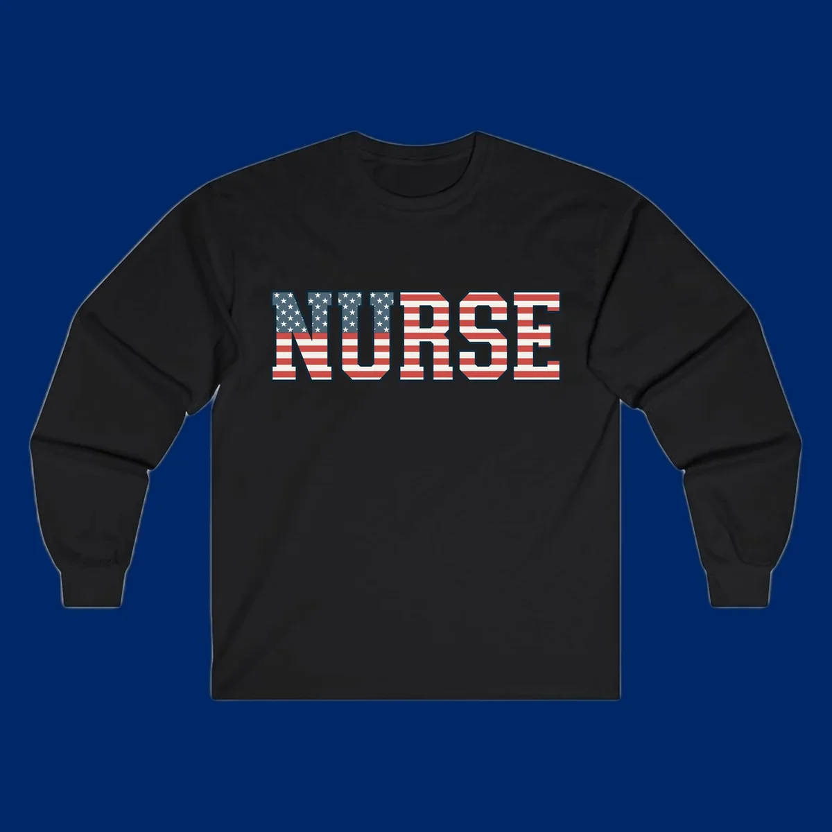 The word NURSE in bold capital letters, styled with American flag stars and stripes pattern, outlined in dark blue. Features patriotic nurse-american-flag-appreciation concept.
