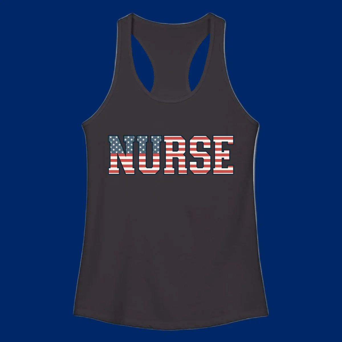 The word NURSE in bold capital letters, styled with American flag stars and stripes pattern, outlined in dark blue. Features patriotic nurse-american-flag-appreciation concept.