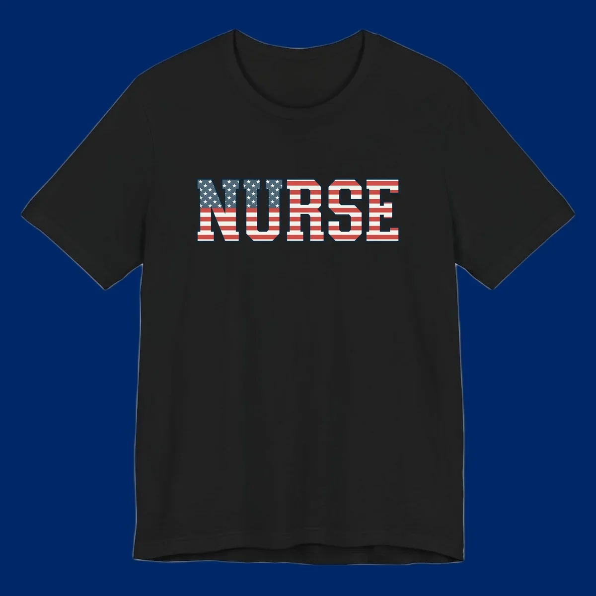 The word NURSE in bold capital letters, styled with American flag stars and stripes pattern, outlined in dark blue. Features patriotic nurse-american-flag-appreciation concept.