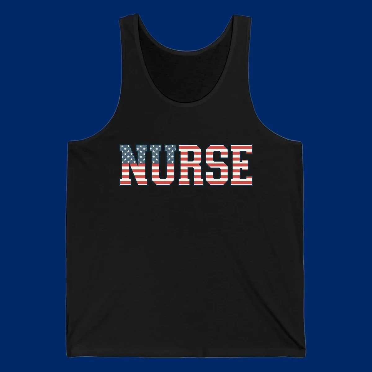 The word NURSE in bold capital letters, styled with American flag stars and stripes pattern, outlined in dark blue. Features patriotic nurse-american-flag-appreciation concept.