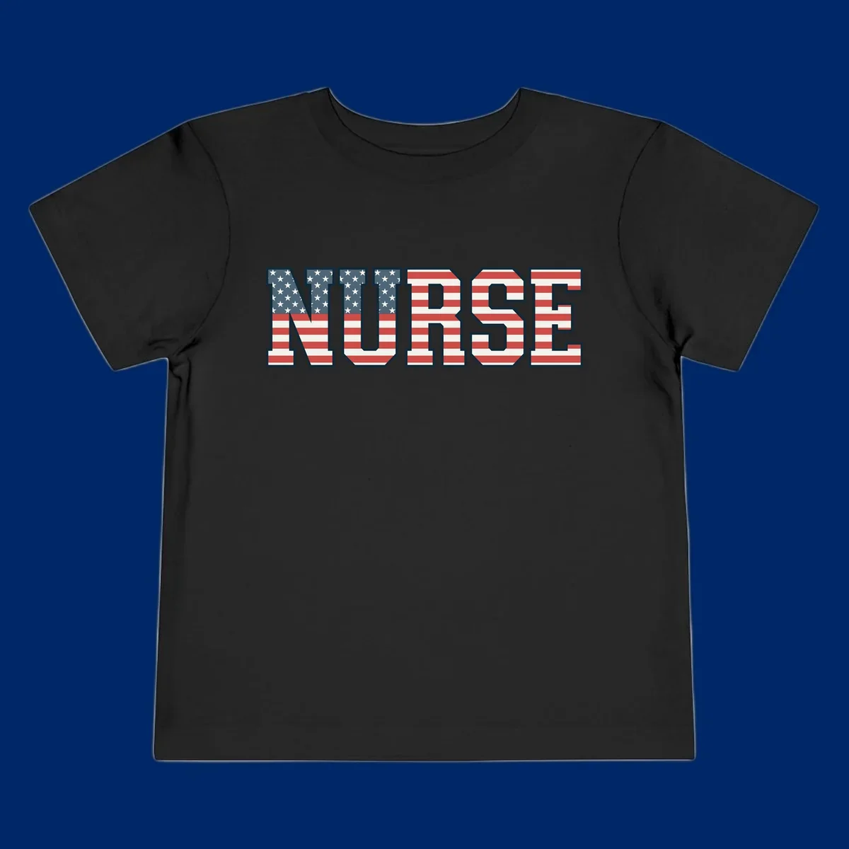 The word NURSE in bold capital letters, styled with American flag stars and stripes pattern, outlined in dark blue. Features patriotic nurse-american-flag-appreciation concept.