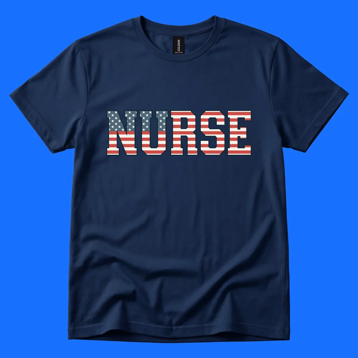 The word NURSE in bold capital letters, styled with American flag stars and stripes pattern, outlined in dark blue. Features patriotic nurse-american-flag-appreciation concept.