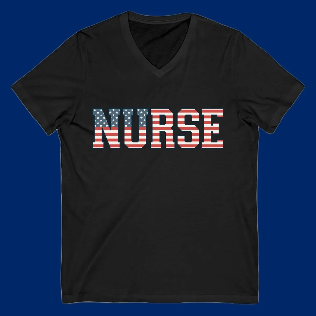 The word NURSE in bold capital letters, styled with American flag stars and stripes pattern, outlined in dark blue. Features patriotic nurse-american-flag-appreciation concept.