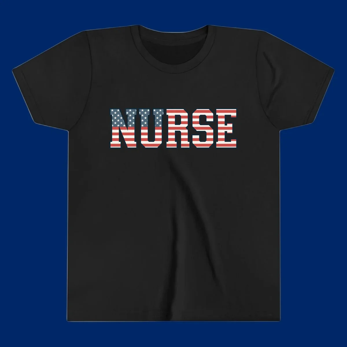 The word NURSE in bold capital letters, styled with American flag stars and stripes pattern, outlined in dark blue. Features patriotic nurse-american-flag-appreciation concept.