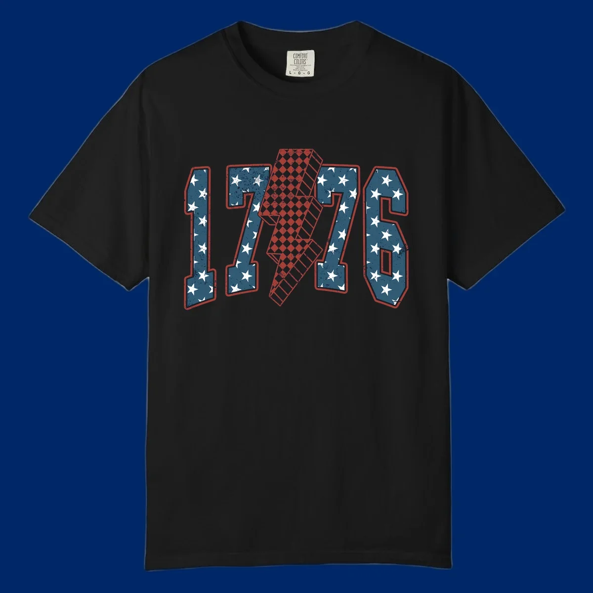Distressed America 250th 1776 design featuring patriotic numbers with stars and a checkered lightning bolt.