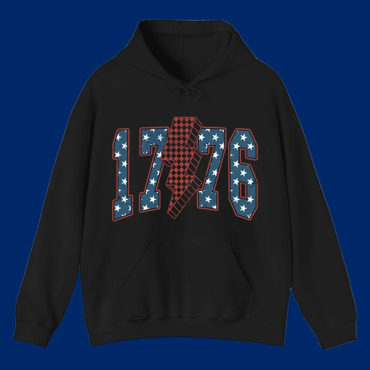 Distressed America 250th 1776 design featuring patriotic numbers with stars and a checkered lightning bolt.