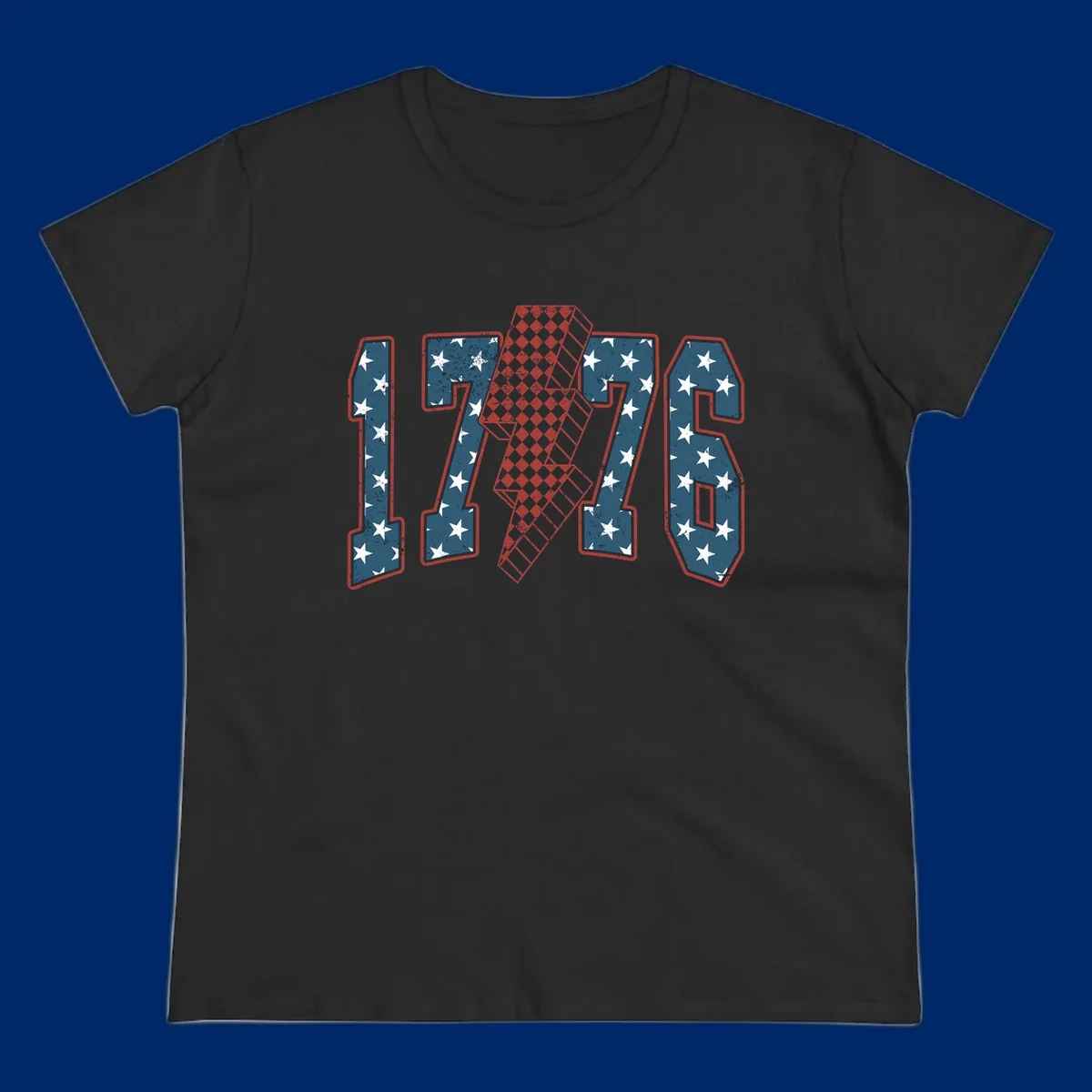 Distressed America 250th 1776 design featuring patriotic numbers with stars and a checkered lightning bolt.