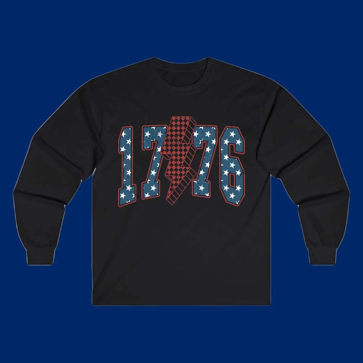 Distressed America 250th 1776 design featuring patriotic numbers with stars and a checkered lightning bolt.