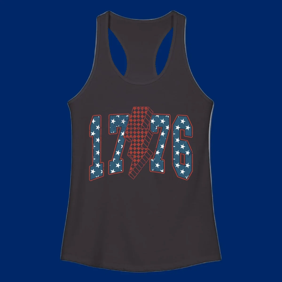 Distressed America 250th 1776 design featuring patriotic numbers with stars and a checkered lightning bolt.