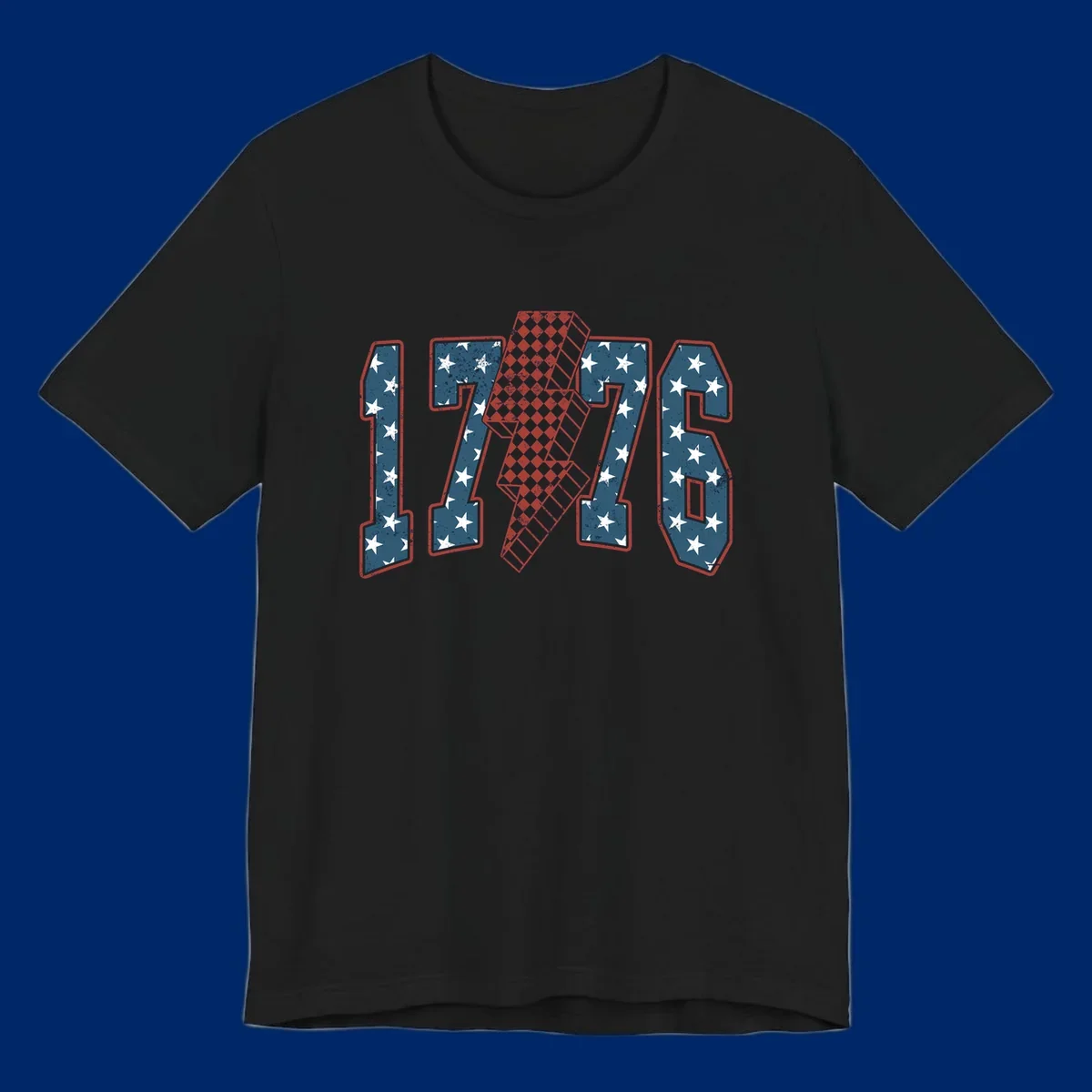 Distressed America 250th 1776 design featuring patriotic numbers with stars and a checkered lightning bolt.