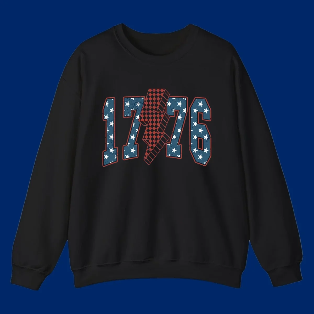 Distressed America 250th 1776 design featuring patriotic numbers with stars and a checkered lightning bolt.