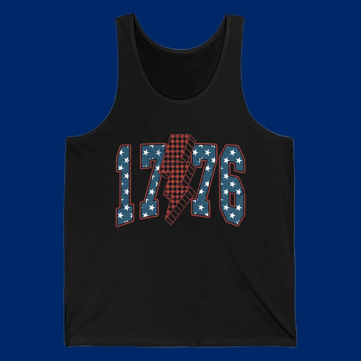 Distressed America 250th 1776 design featuring patriotic numbers with stars and a checkered lightning bolt.