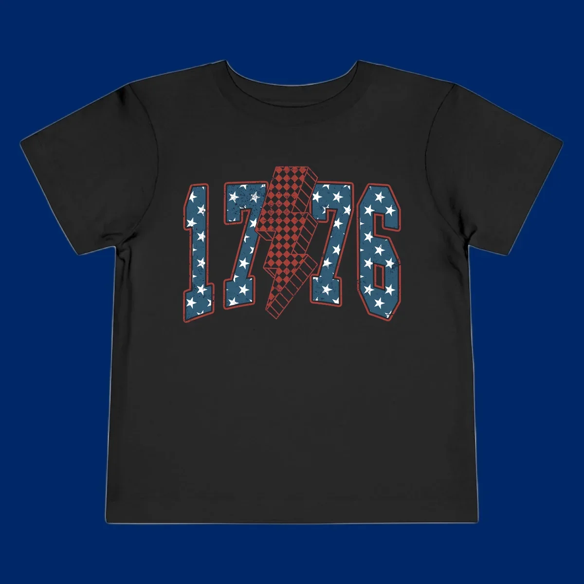 Distressed America 250th 1776 design featuring patriotic numbers with stars and a checkered lightning bolt.
