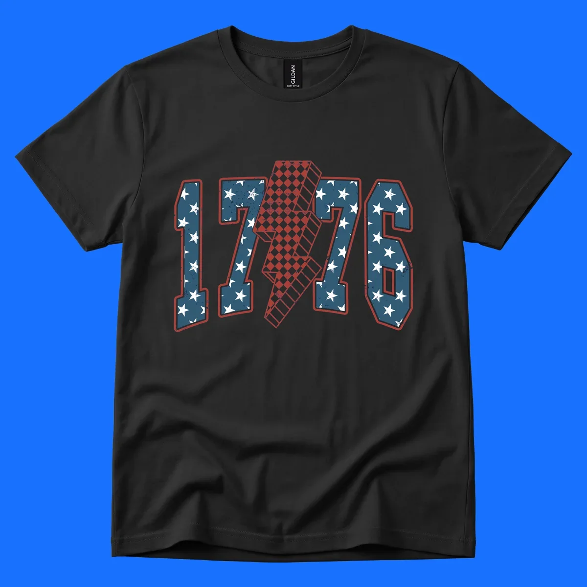 Distressed America 250th 1776 design featuring patriotic numbers with stars and a checkered lightning bolt.