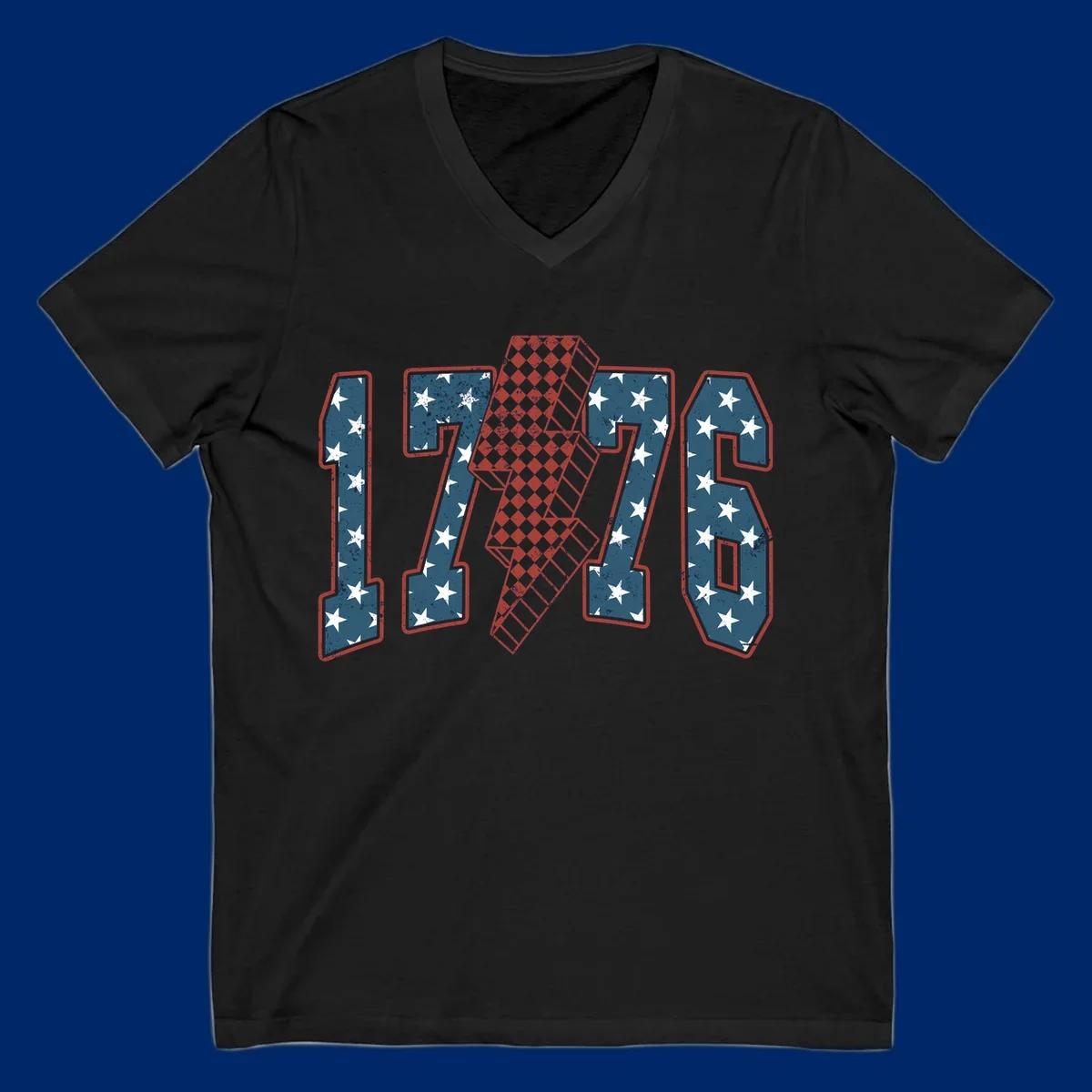 Distressed America 250th 1776 design featuring patriotic numbers with stars and a checkered lightning bolt.