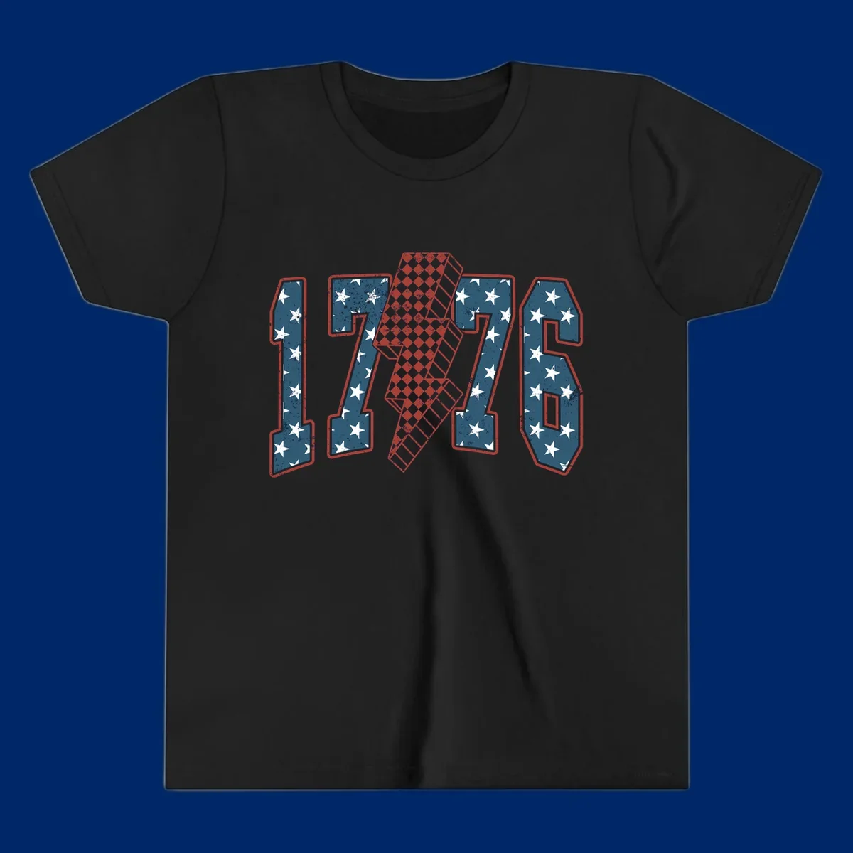 Distressed America 250th 1776 design featuring patriotic numbers with stars and a checkered lightning bolt.