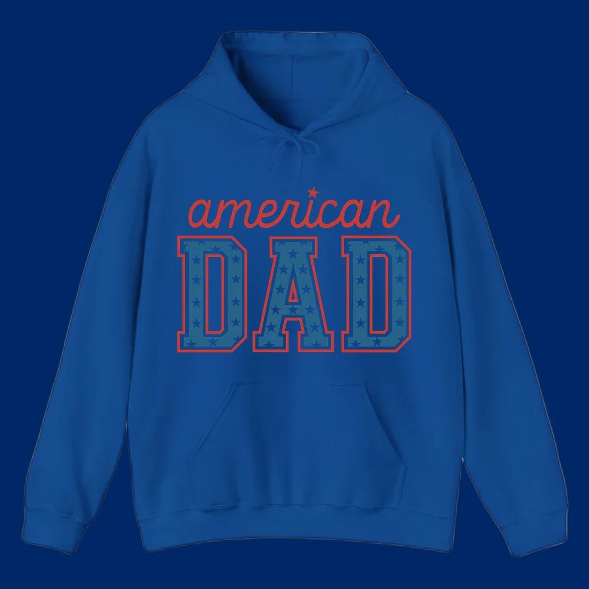 A patriotic design reading 'american DAD'. 'american' is red script with a star. 'DAD' is blue with white stars and a red outline, representing american-dad-patriotic-stars.