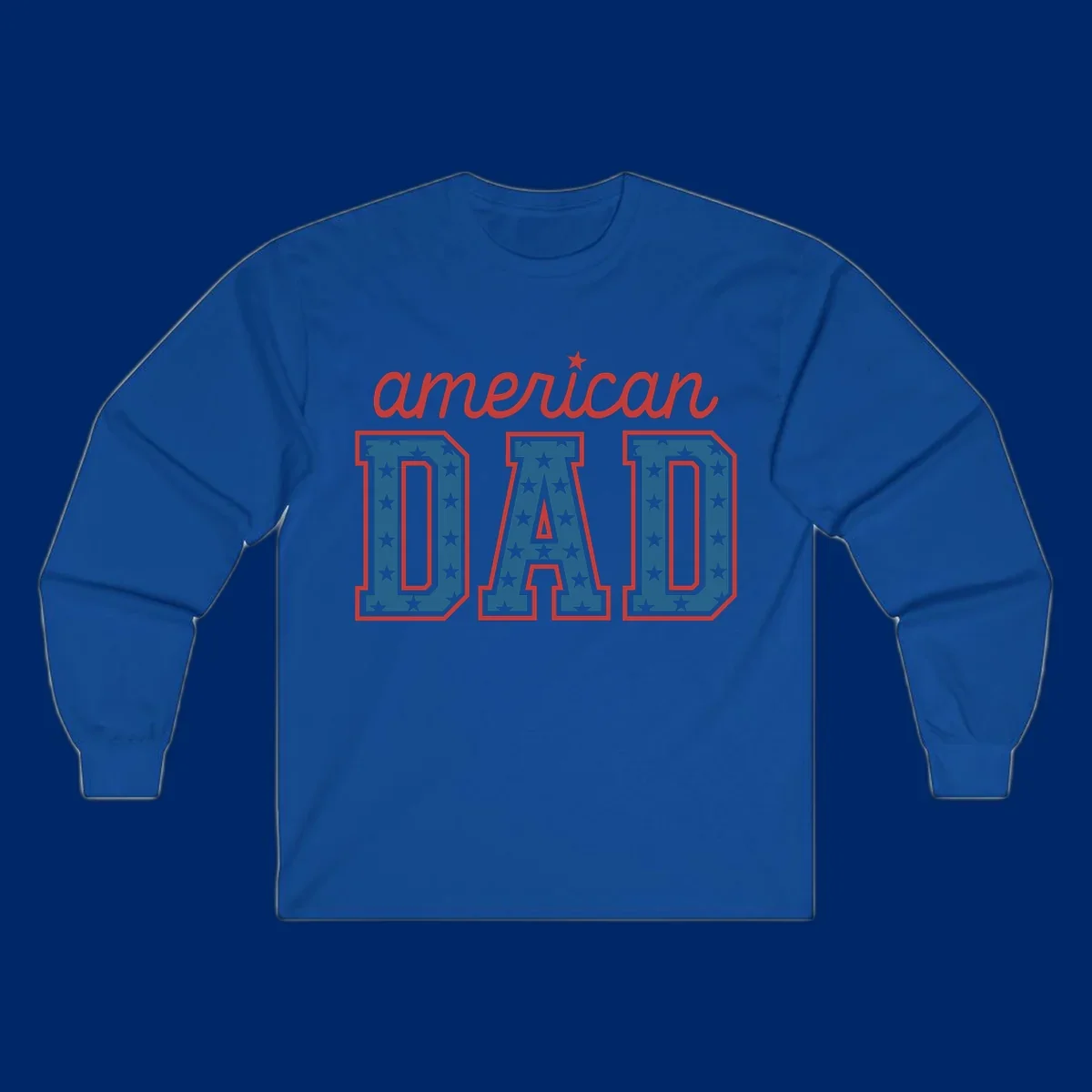 A patriotic design reading 'american DAD'. 'american' is red script with a star. 'DAD' is blue with white stars and a red outline, representing american-dad-patriotic-stars.