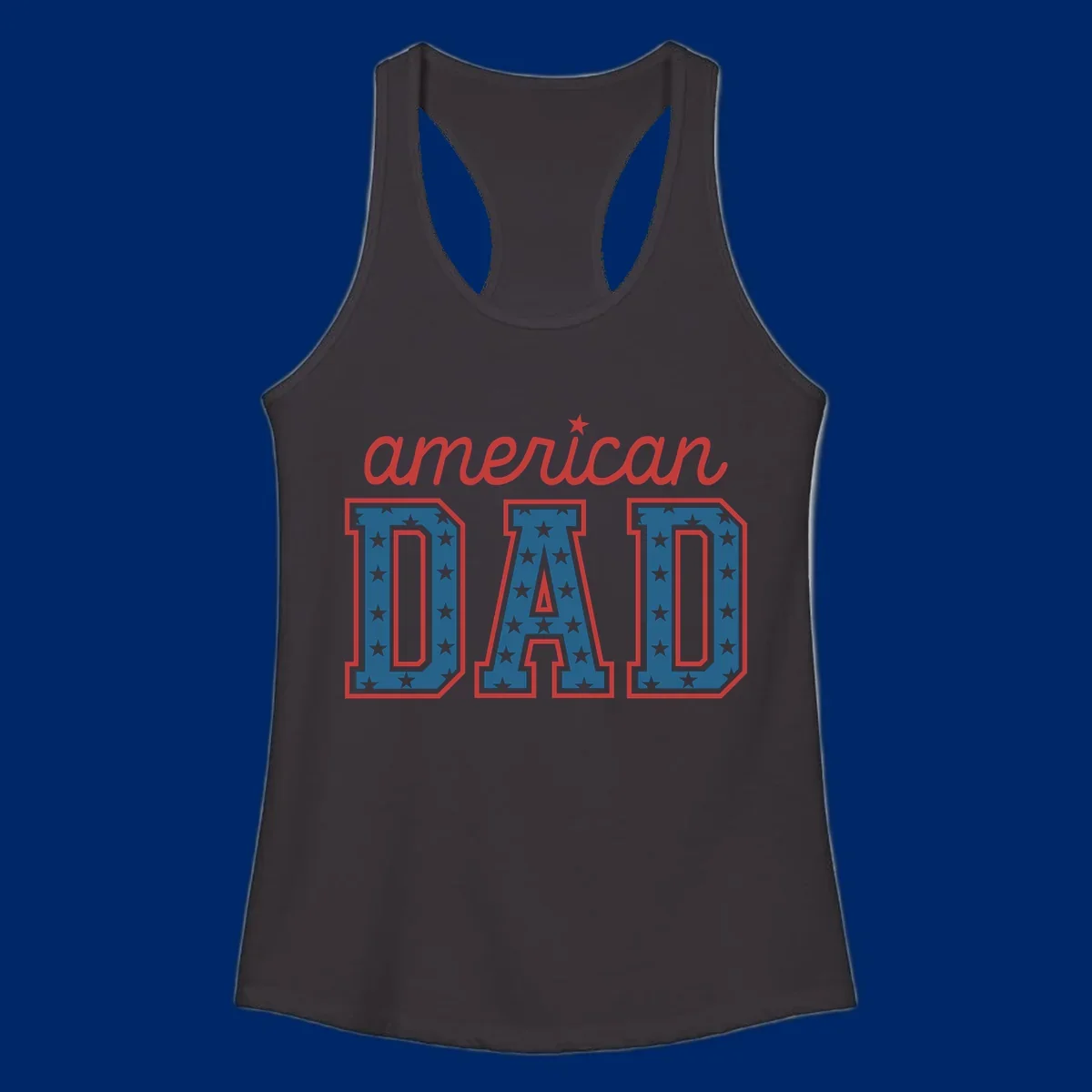 A patriotic design reading 'american DAD'. 'american' is red script with a star. 'DAD' is blue with white stars and a red outline, representing american-dad-patriotic-stars.