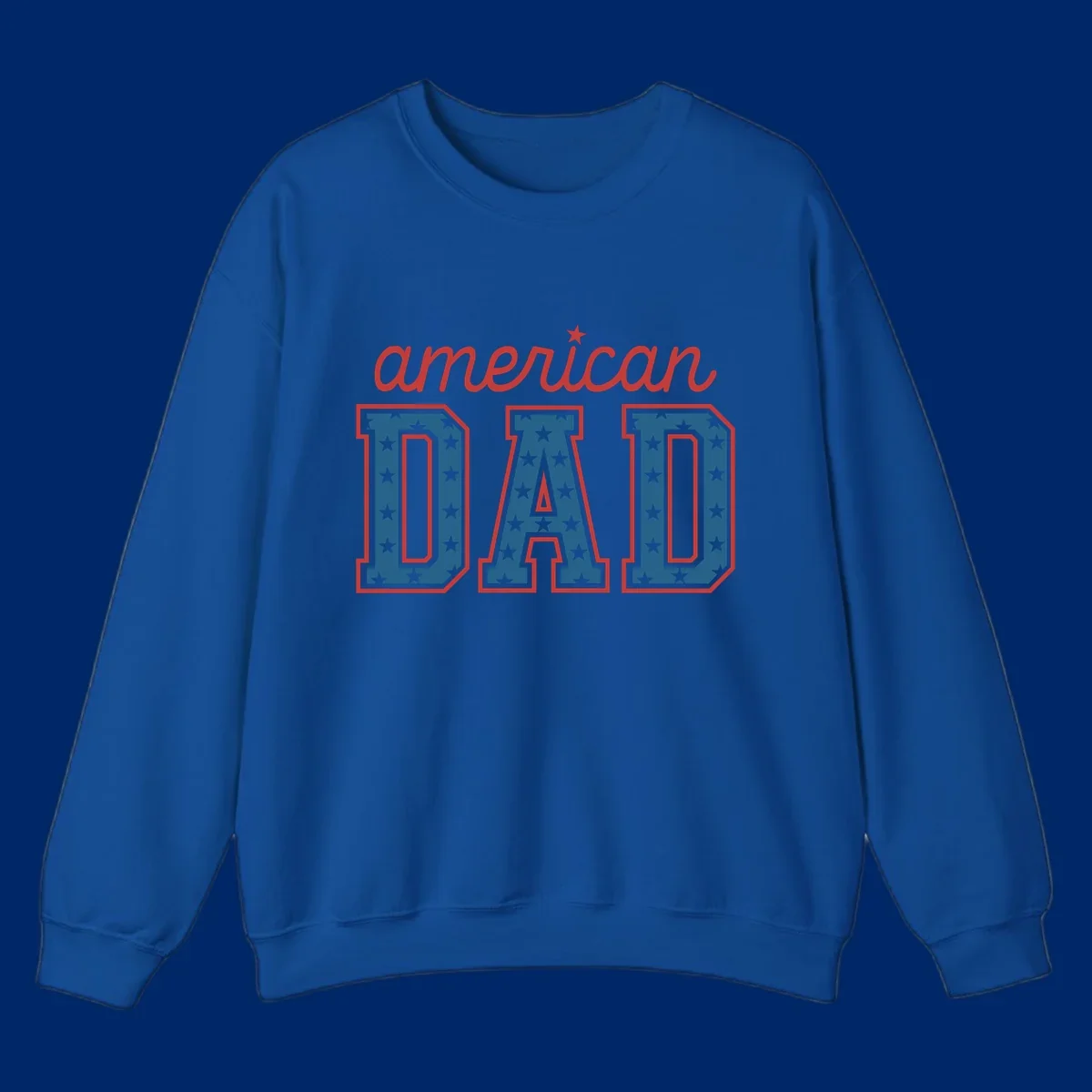 A patriotic design reading 'american DAD'. 'american' is red script with a star. 'DAD' is blue with white stars and a red outline, representing american-dad-patriotic-stars.