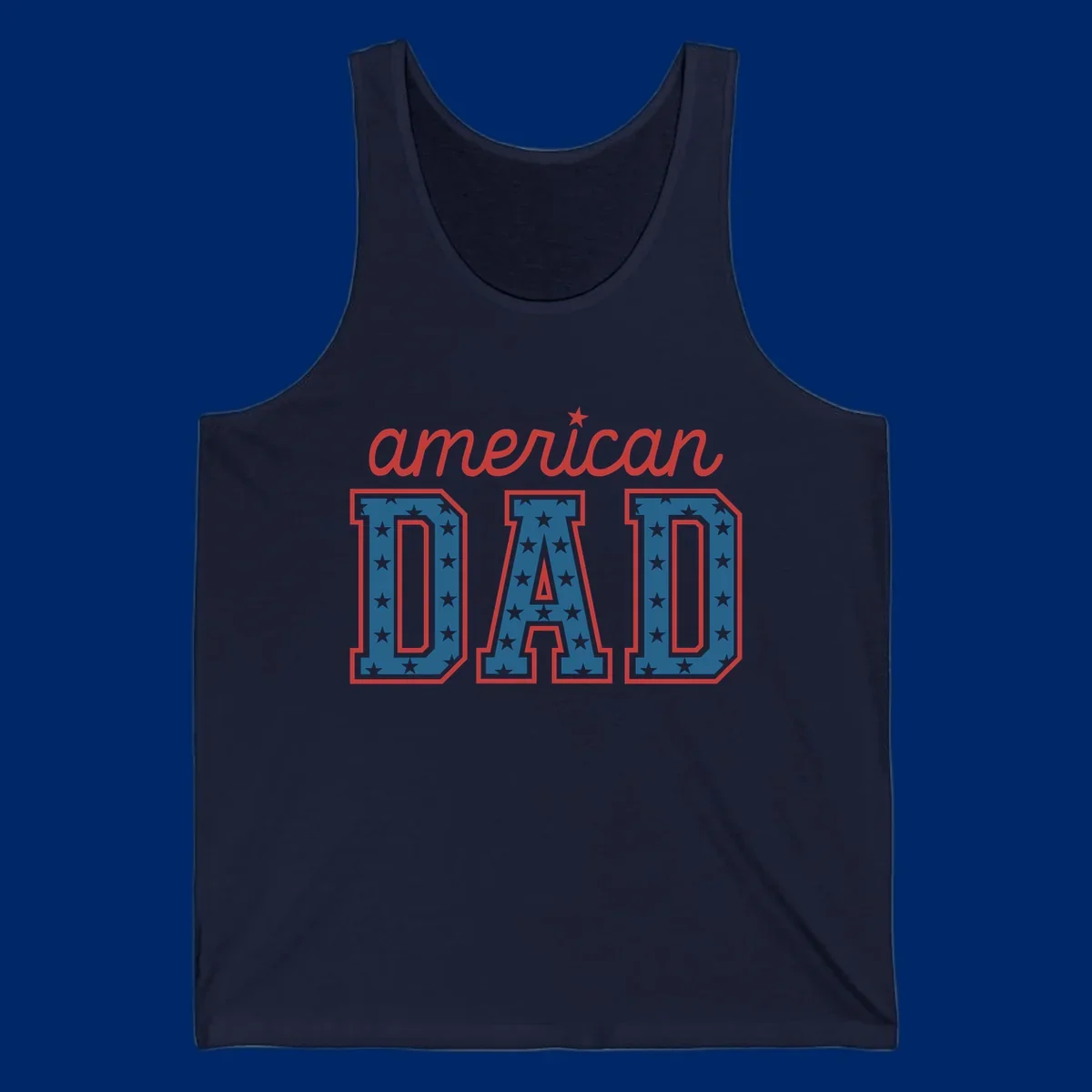 A patriotic design reading 'american DAD'. 'american' is red script with a star. 'DAD' is blue with white stars and a red outline, representing american-dad-patriotic-stars.