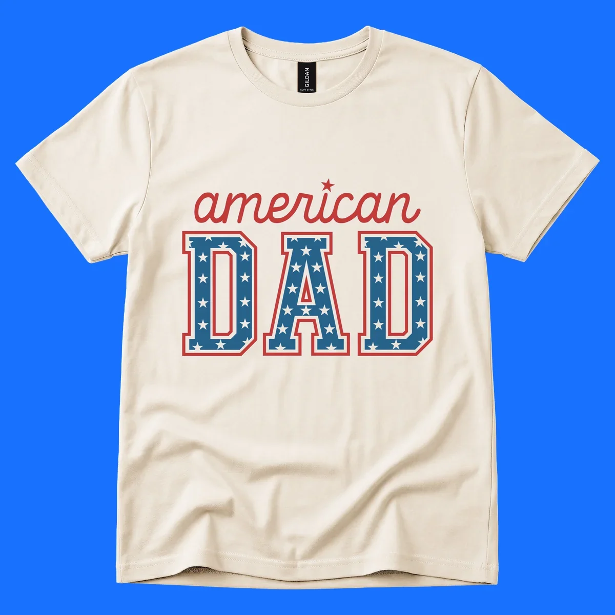 A patriotic design reading 'american DAD'. 'american' is red script with a star. 'DAD' is blue with white stars and a red outline, representing american-dad-patriotic-stars.