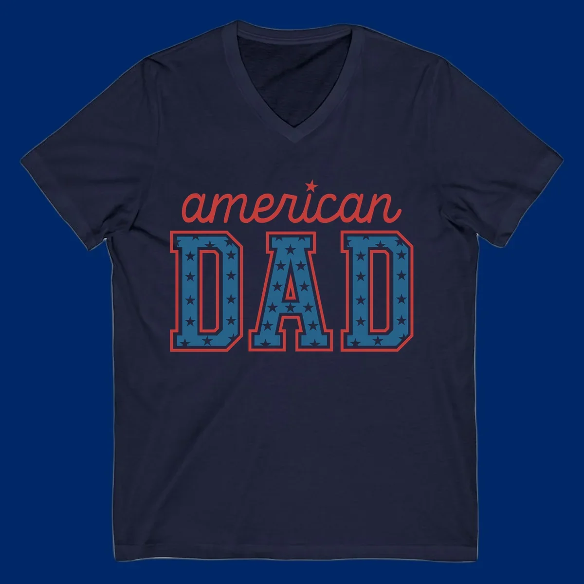 A patriotic design reading 'american DAD'. 'american' is red script with a star. 'DAD' is blue with white stars and a red outline, representing american-dad-patriotic-stars.