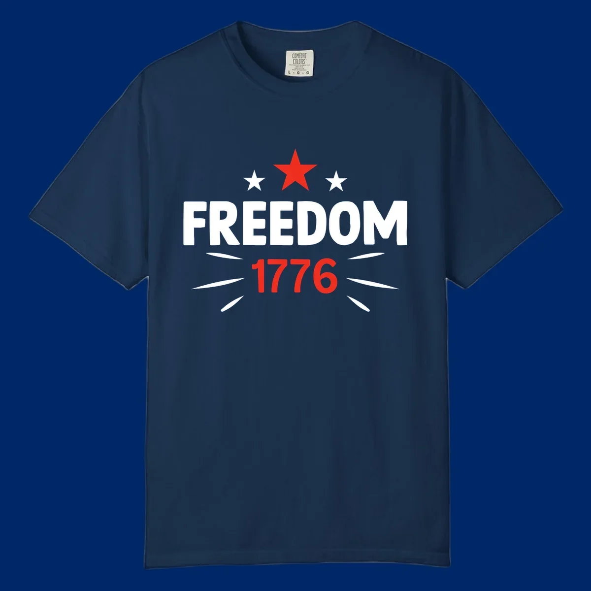 A white background features a bold red star above the numbers '1776', representing the red-star-1776-founding year.
