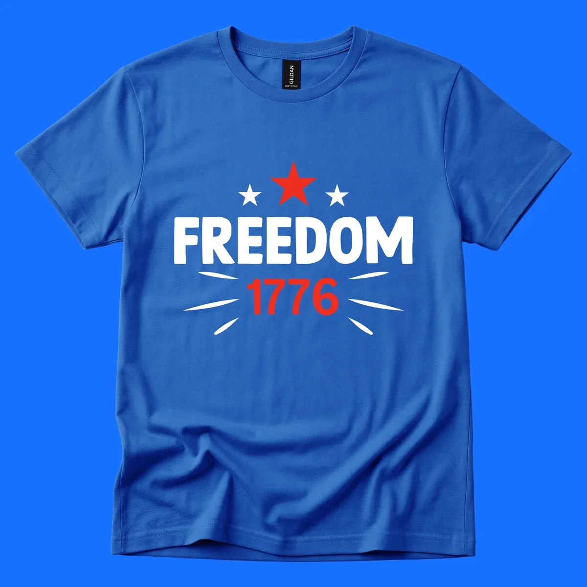 A white background features a bold red star above the numbers '1776', representing the red-star-1776-founding year.