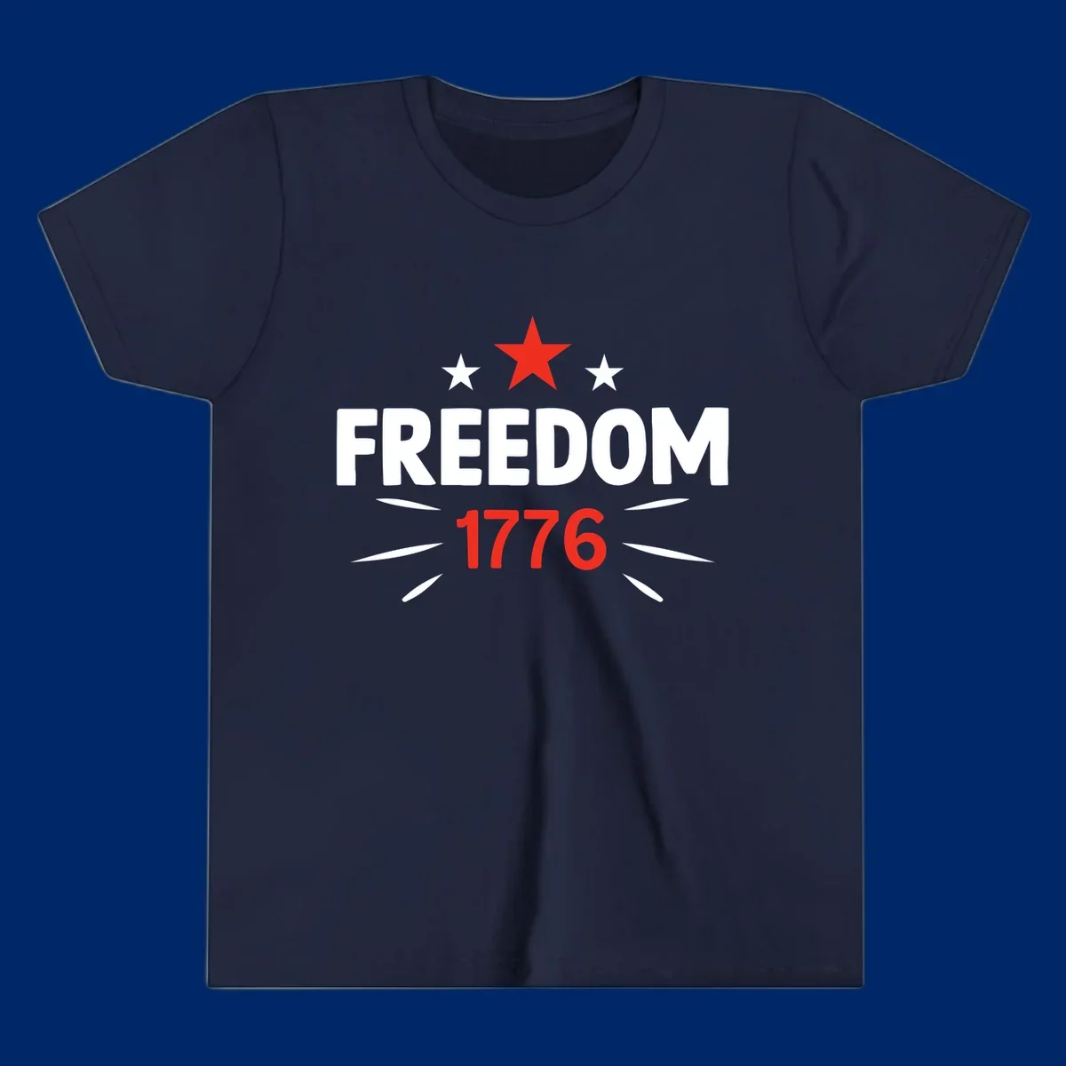 A white background features a bold red star above the numbers '1776', representing the red-star-1776-founding year.