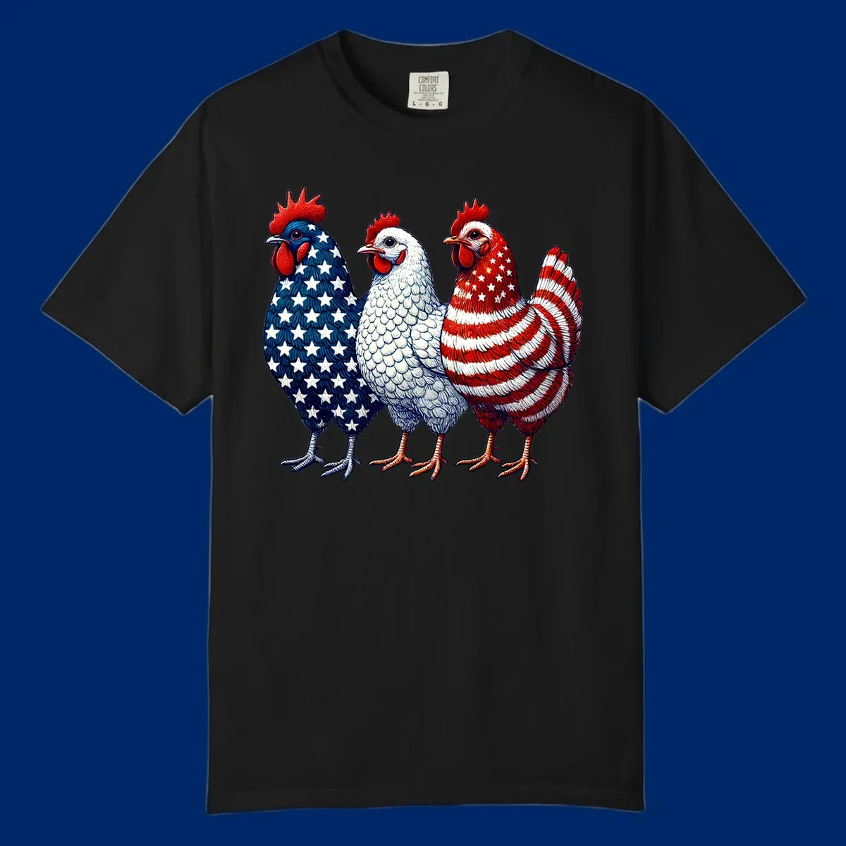 An illustration of a patriotic rooster trio, with each rooster decorated in American flag colors and patterns, including stars and stripes.