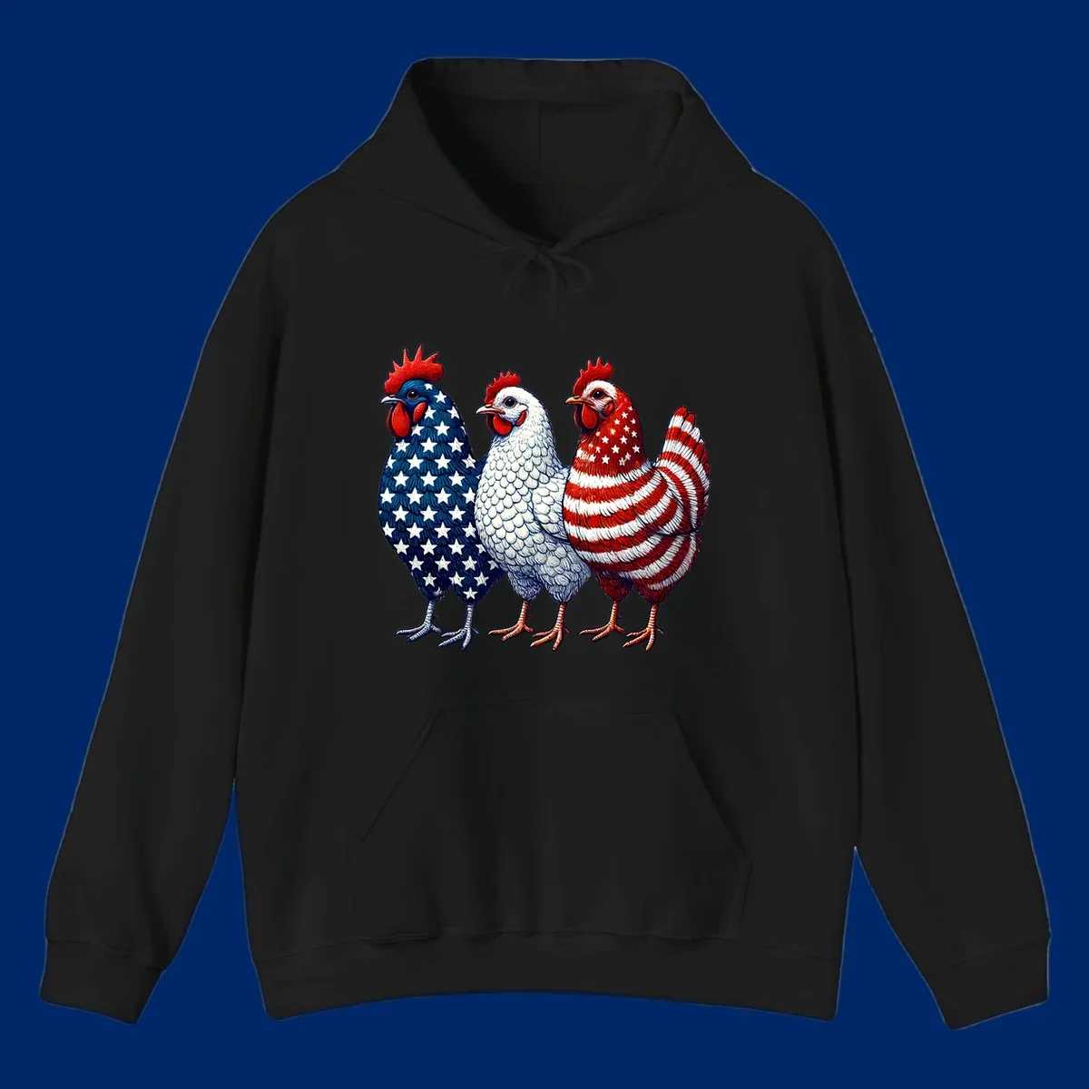 An illustration of a patriotic rooster trio, with each rooster decorated in American flag colors and patterns, including stars and stripes.
