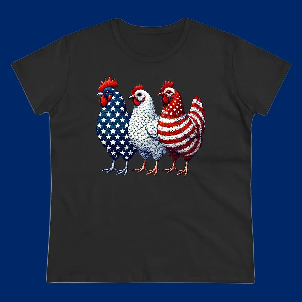 An illustration of a patriotic rooster trio, with each rooster decorated in American flag colors and patterns, including stars and stripes.