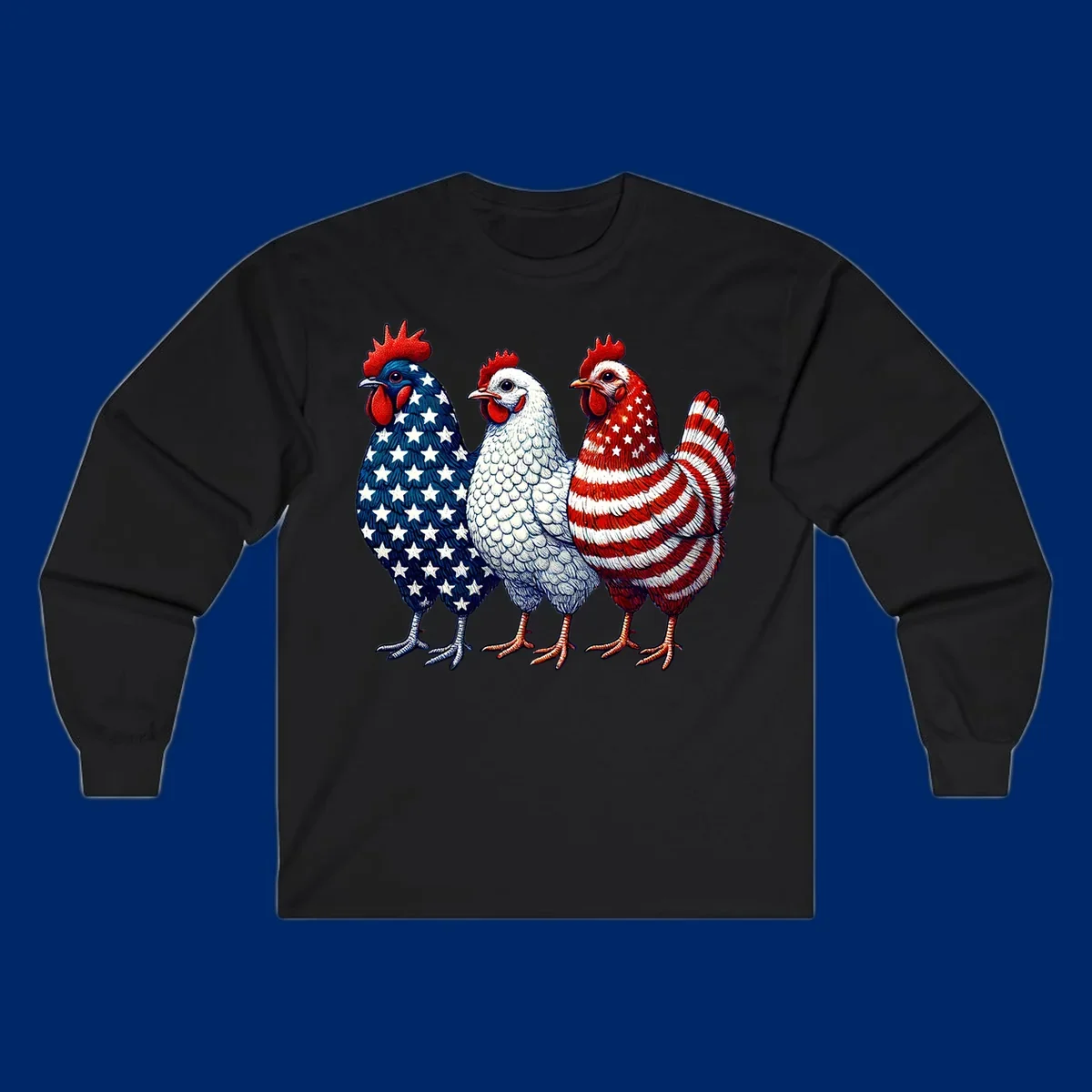 An illustration of a patriotic rooster trio, with each rooster decorated in American flag colors and patterns, including stars and stripes.