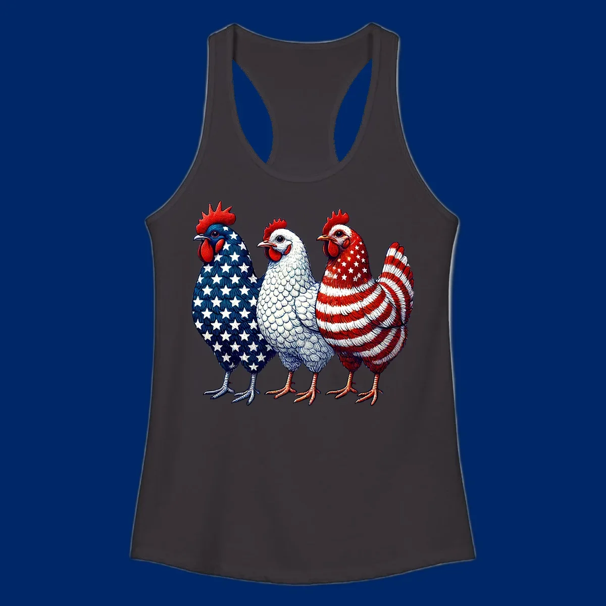 An illustration of a patriotic rooster trio, with each rooster decorated in American flag colors and patterns, including stars and stripes.