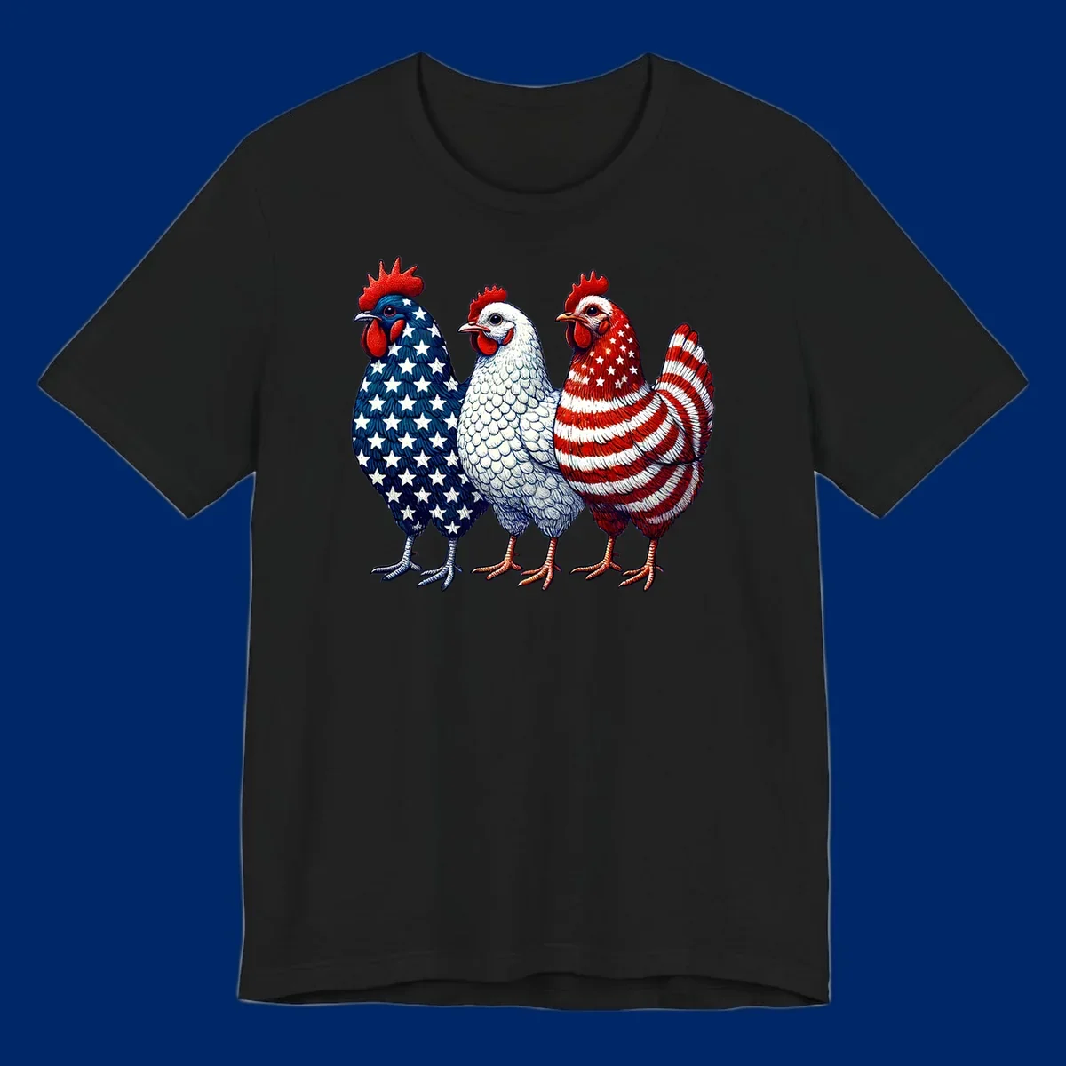 An illustration of a patriotic rooster trio, with each rooster decorated in American flag colors and patterns, including stars and stripes.